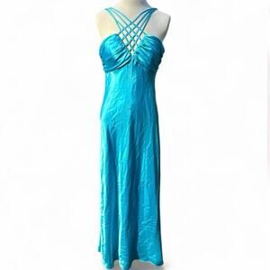 Vintage Y2K Aqua Teal Satin Strapy Prom Dress sz 8 Med Ignite evenings Carol Lin